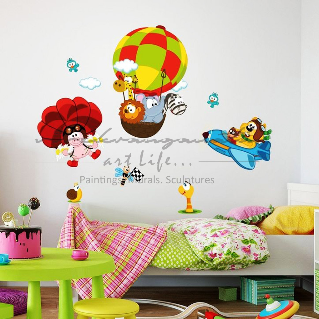 Kids Room Cartoons Realistic Multi Colored Wall Painting