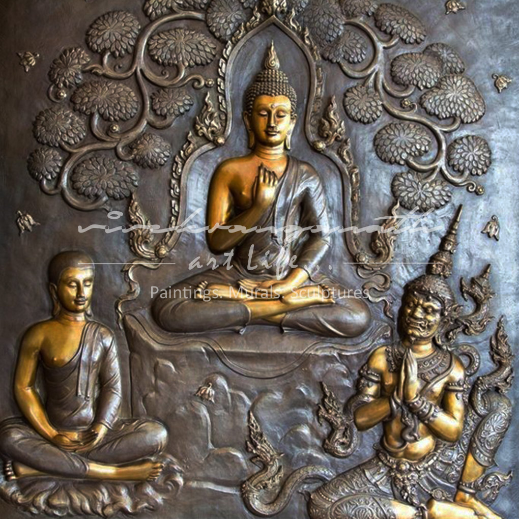 Meditating buddha fiber media with metallic finish